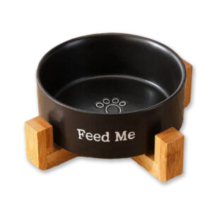 Comedouro de cerâmica com suporte de madeira para cães ou gatos - Modelo Feed Me